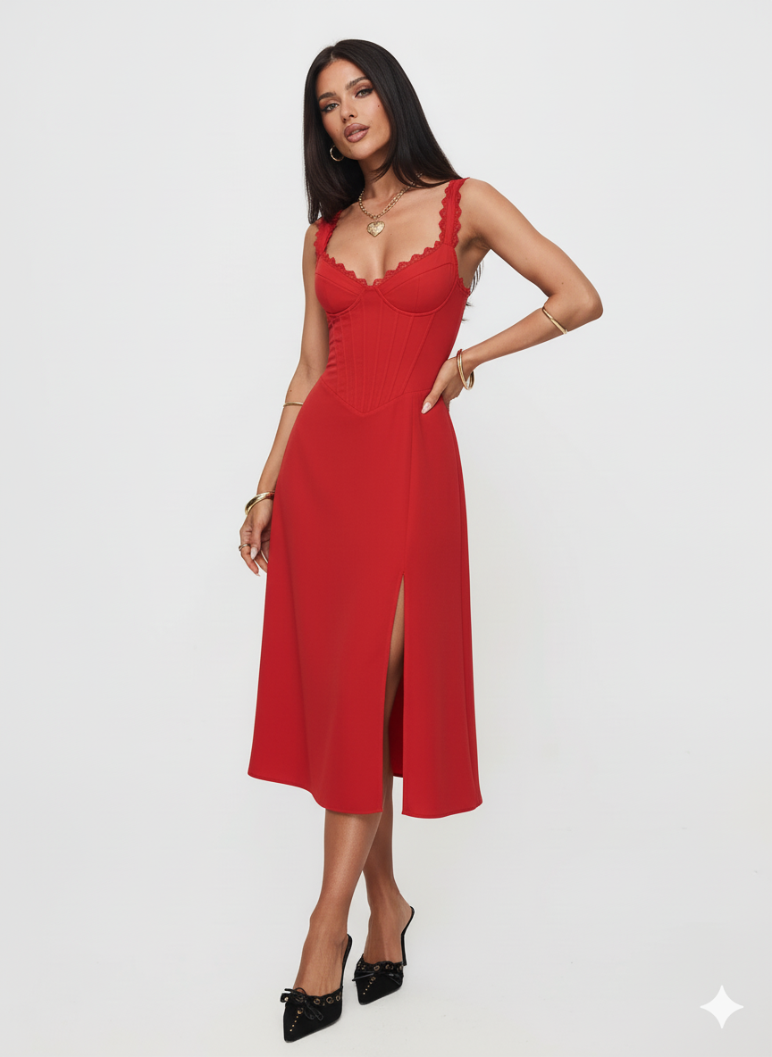 Scalloped V-Neck Midi Dress with Back Lace-Up