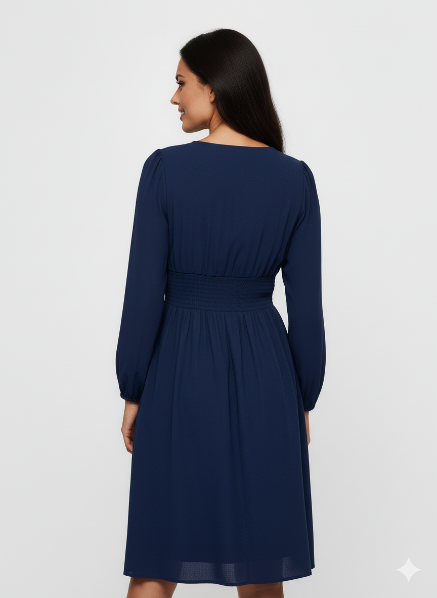 Embroidered Notched Long Sleeve Midi Dress