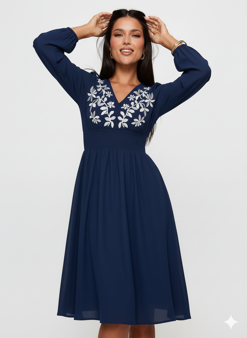 Embroidered Notched Long Sleeve Midi Dress