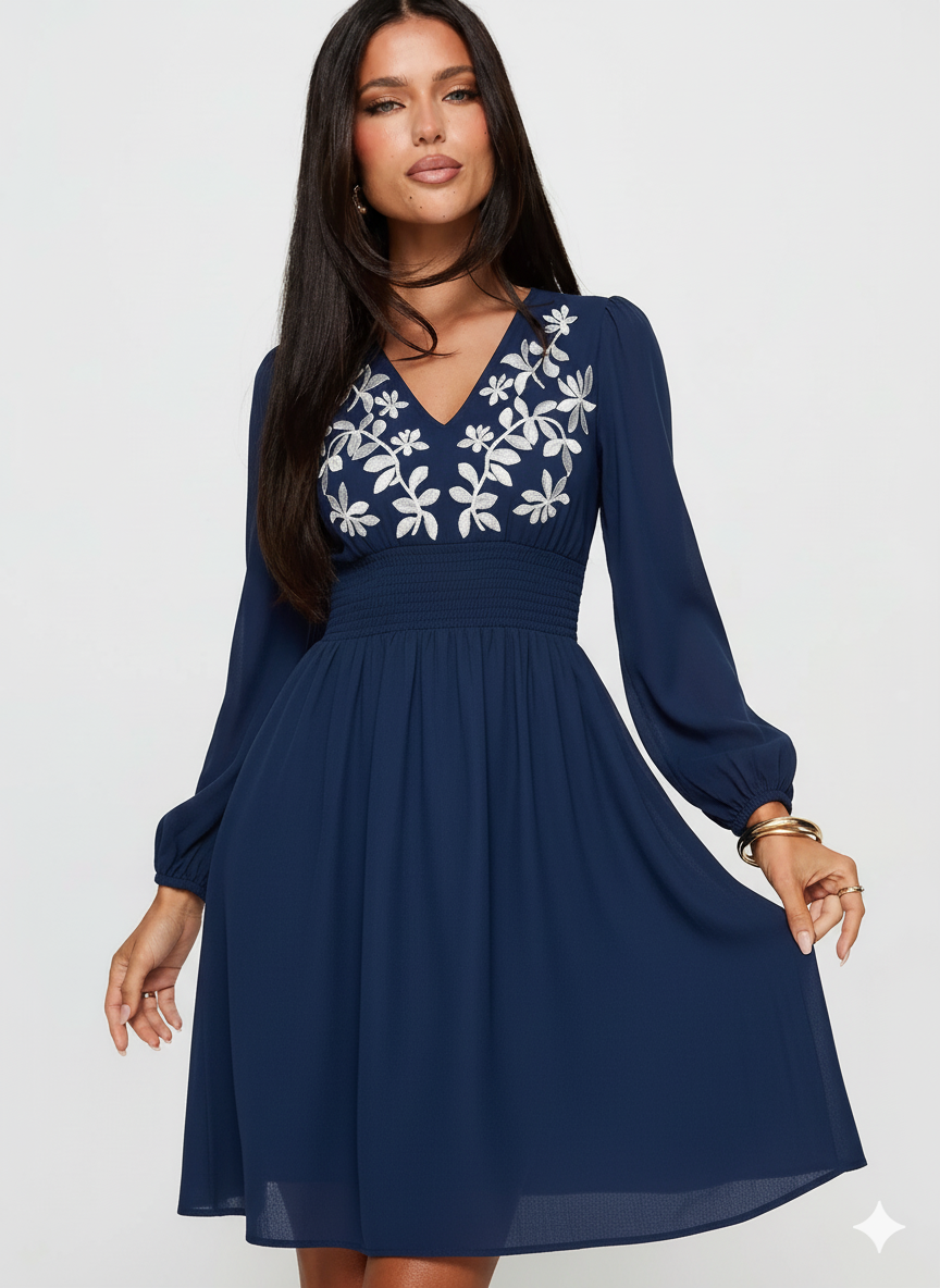 Embroidered Notched Long Sleeve Midi Dress