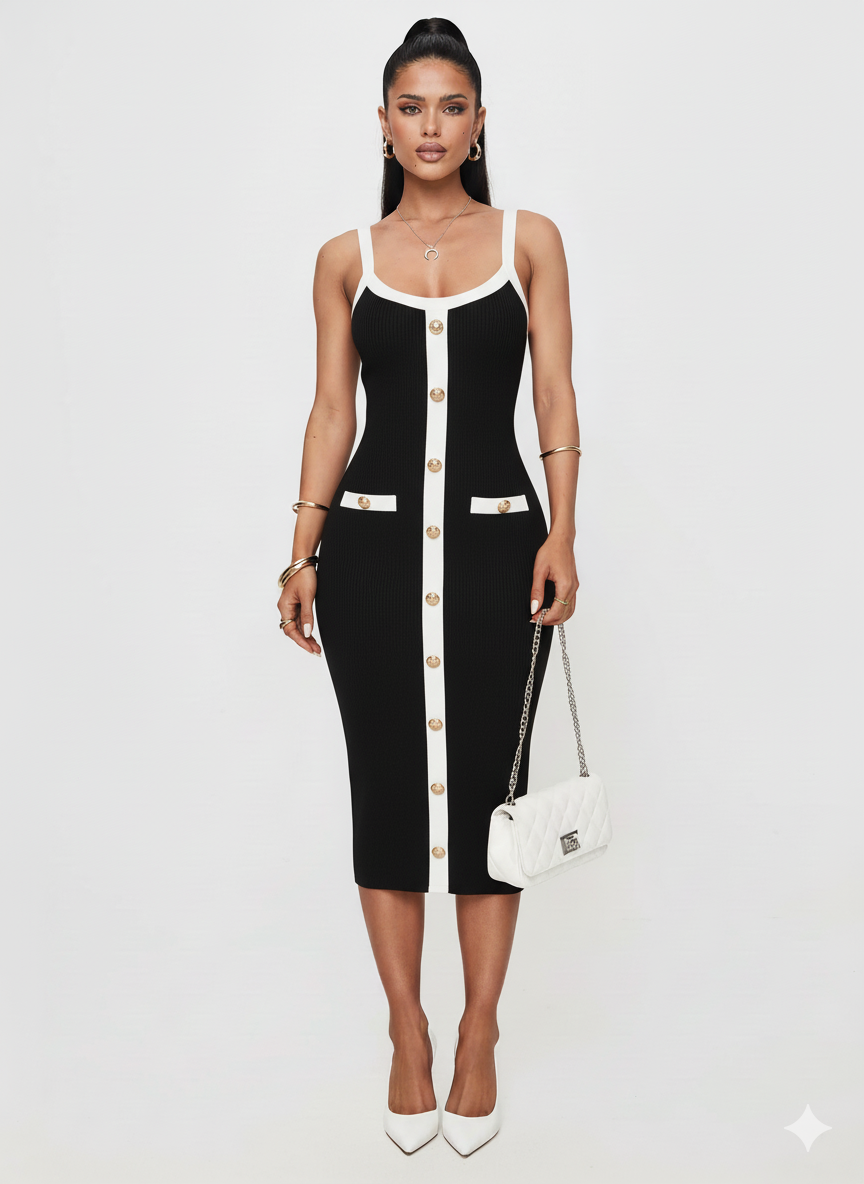 Decorative Button Contrast Trim Midi Dress