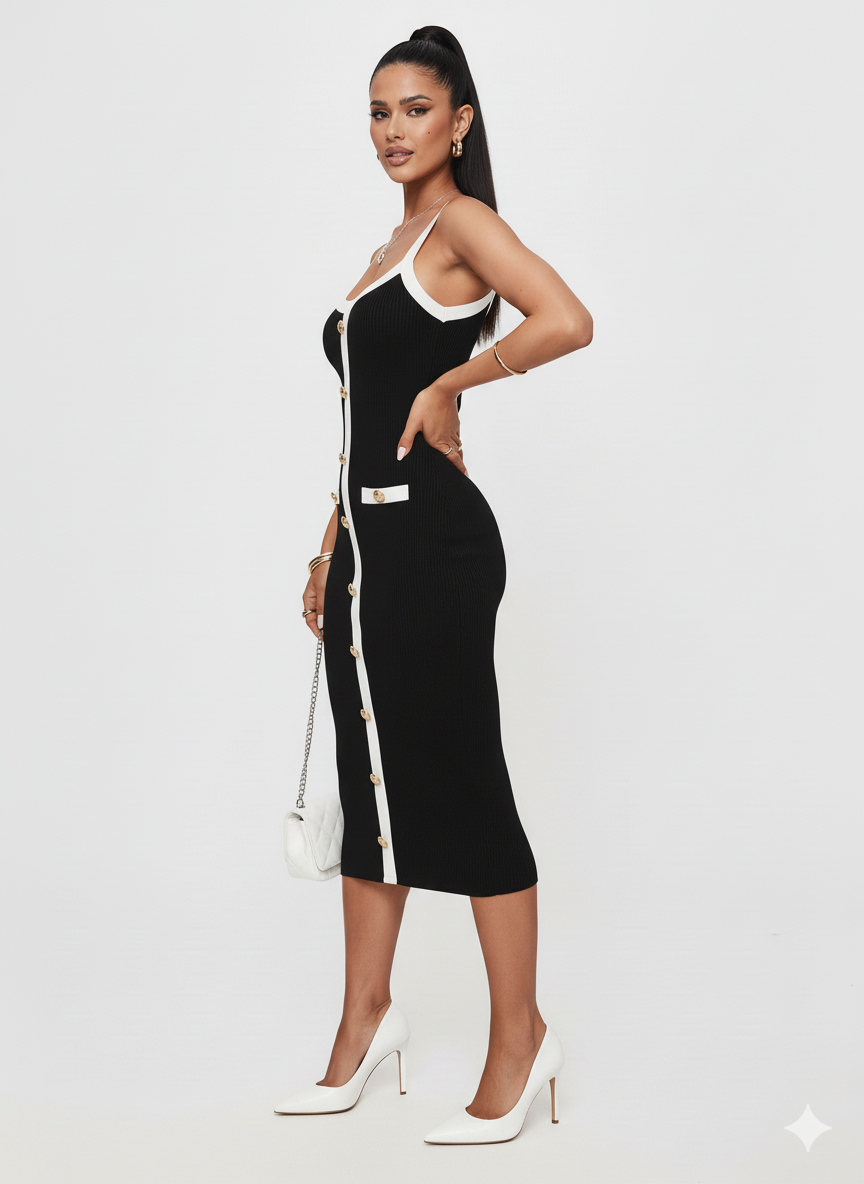 Decorative Button Contrast Trim Midi Dress