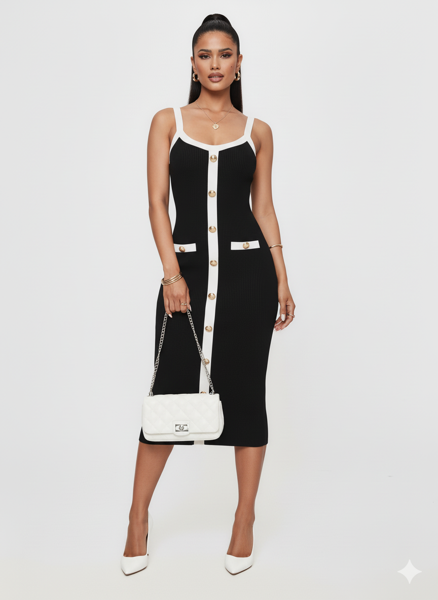 Decorative Button Contrast Trim Midi Dress