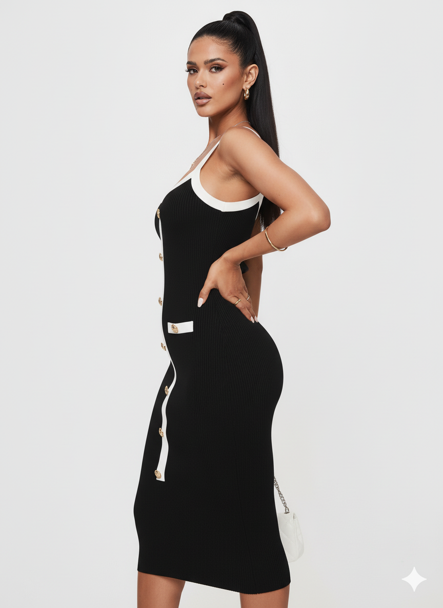 Decorative Button Contrast Trim Midi Dress