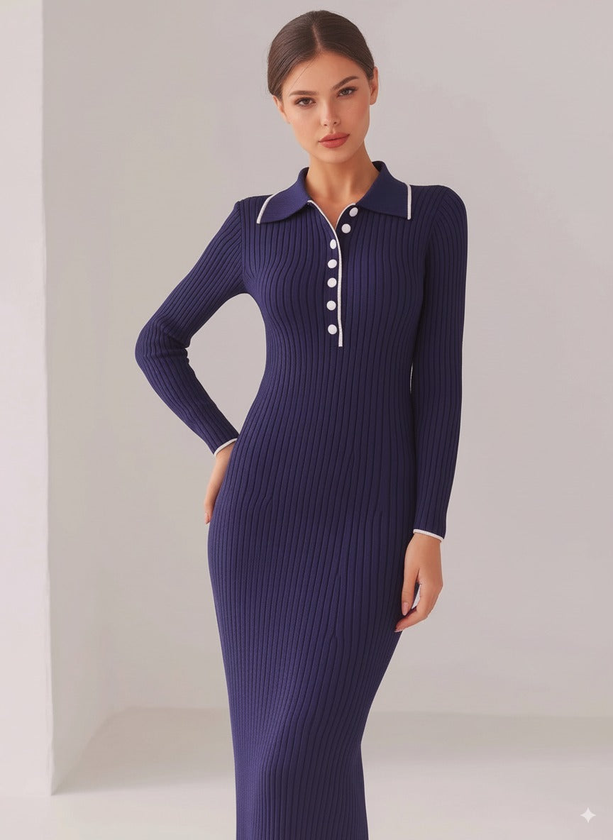Quarter Button Long Sleeve Midi Dress