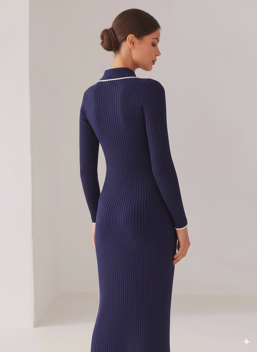 Quarter Button Long Sleeve Midi Dress