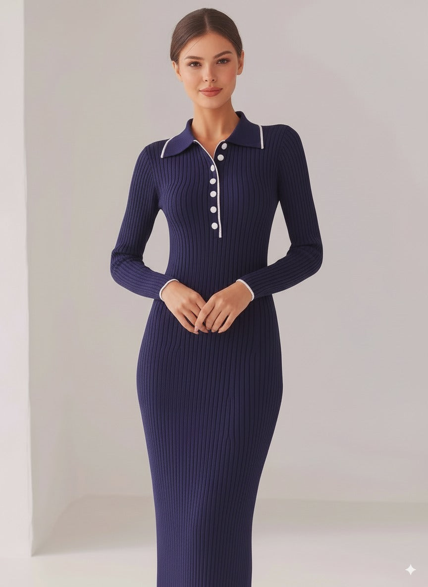 Quarter Button Long Sleeve Midi Dress