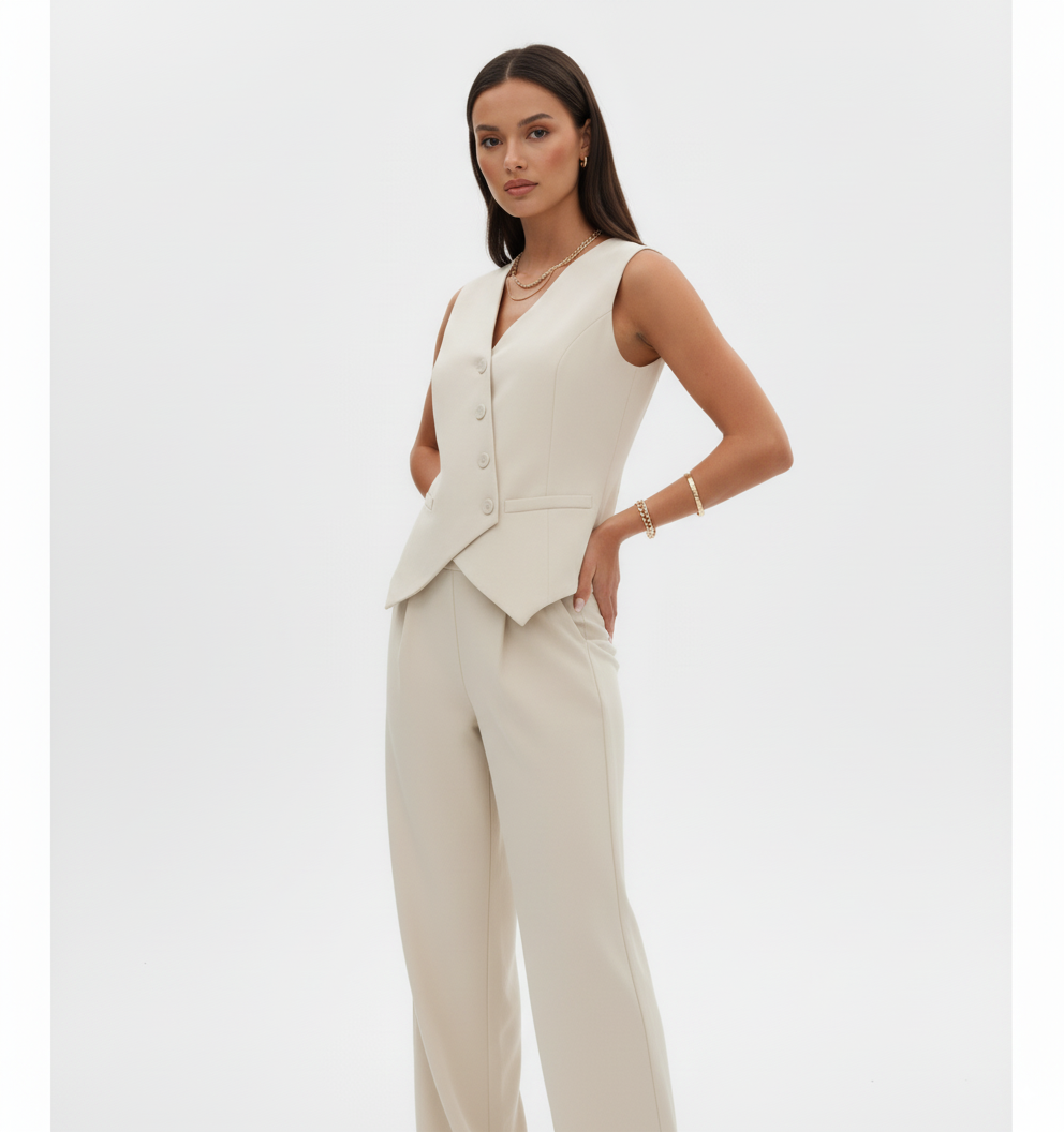 Button Down V-Neck Vest and Pants Set