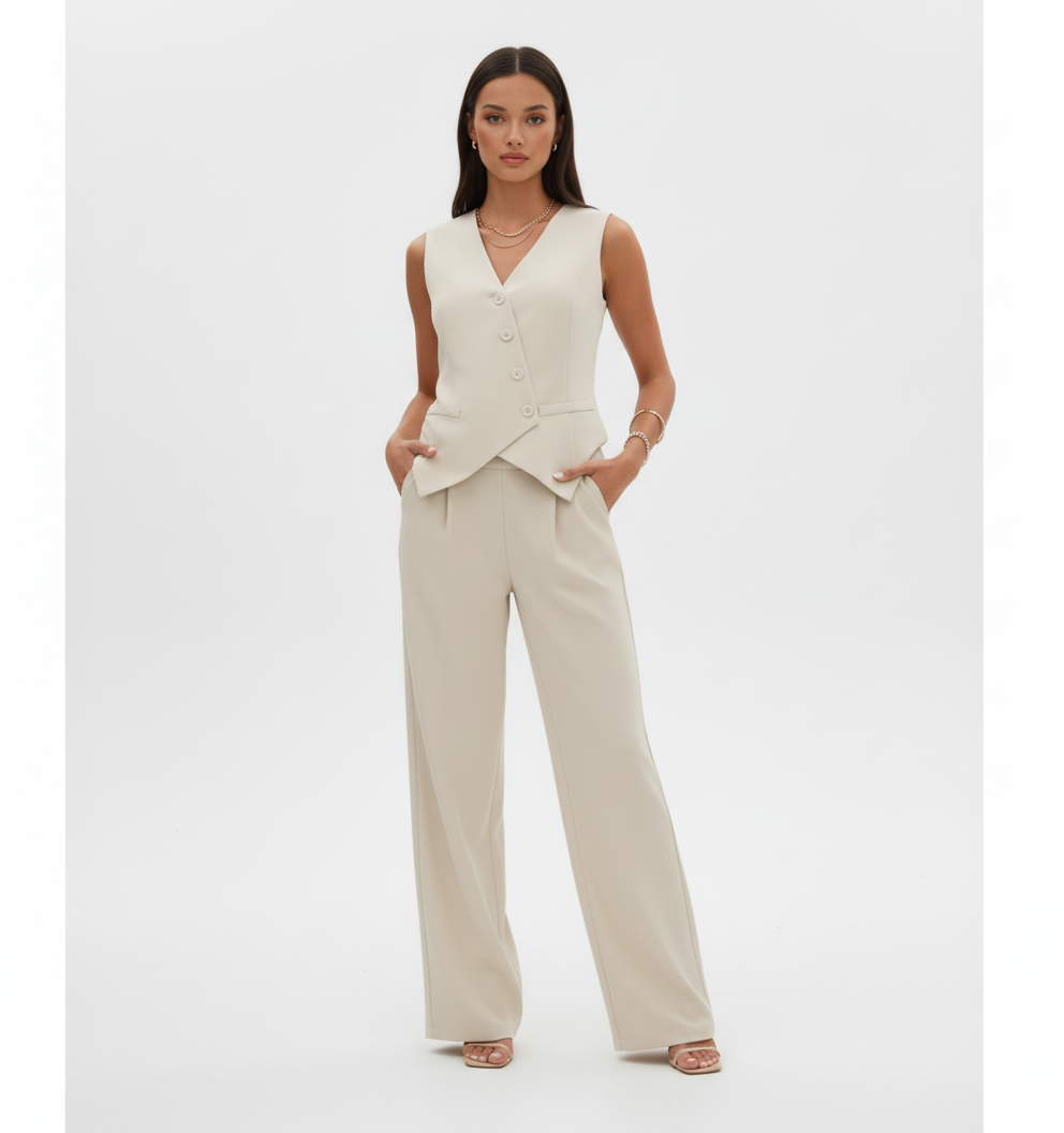 Button Down V-Neck Vest and Pants Set