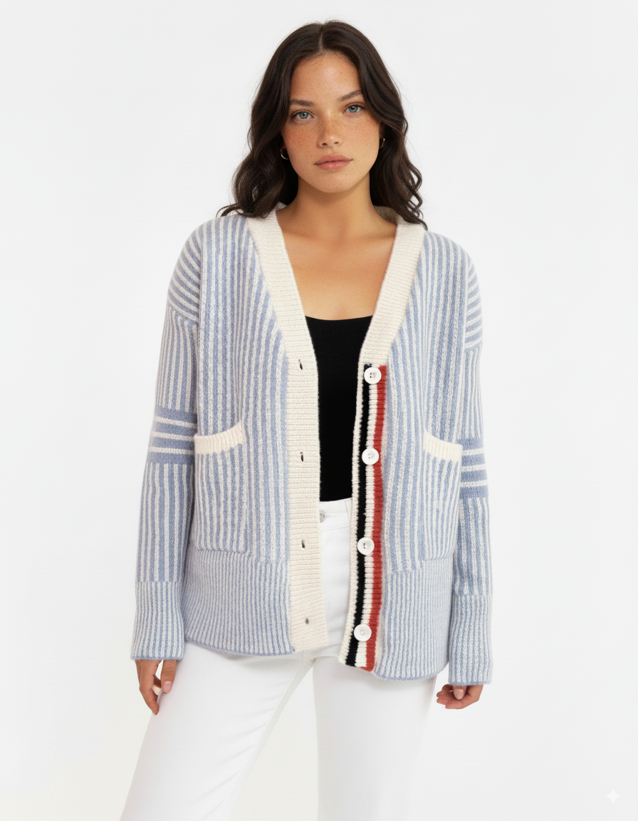 Striped Button-Front Cardigan with Contrast Trim