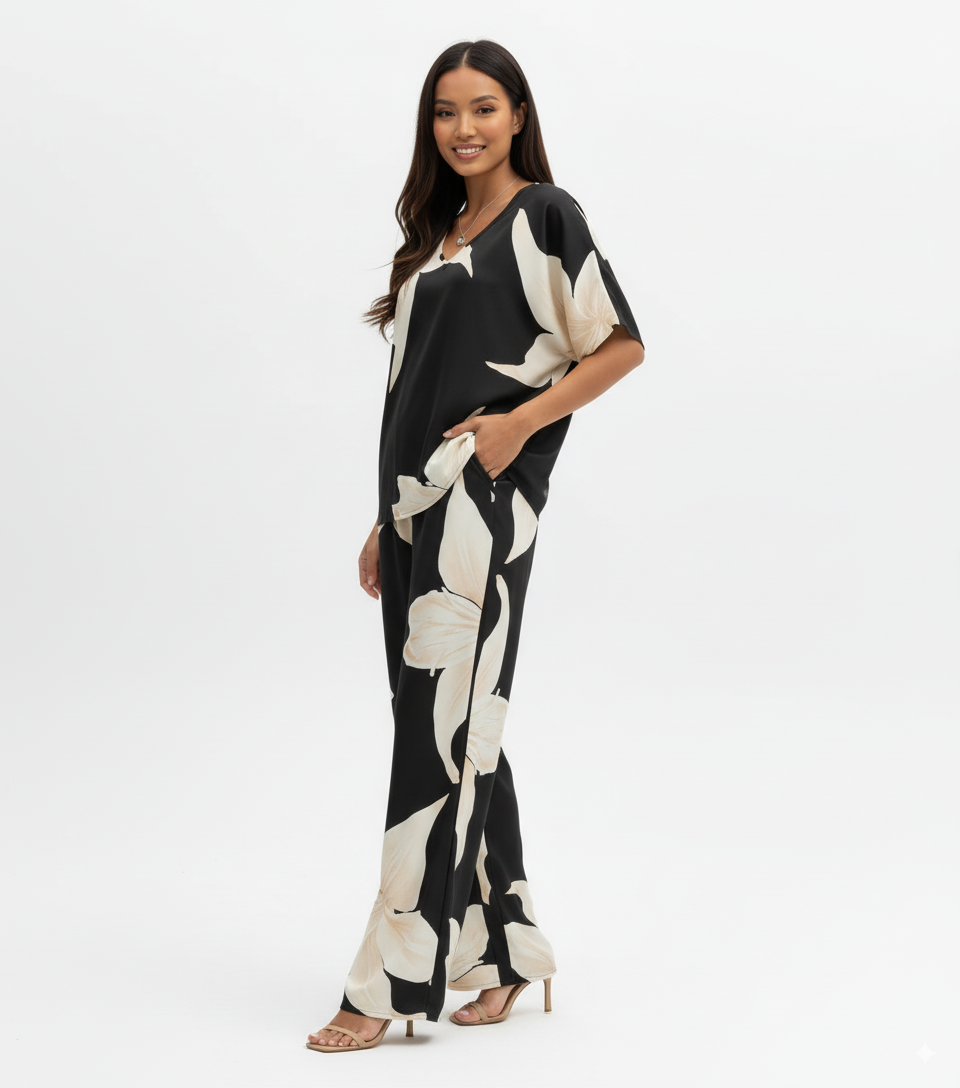 Printed V-Neck Top and Pants Set
