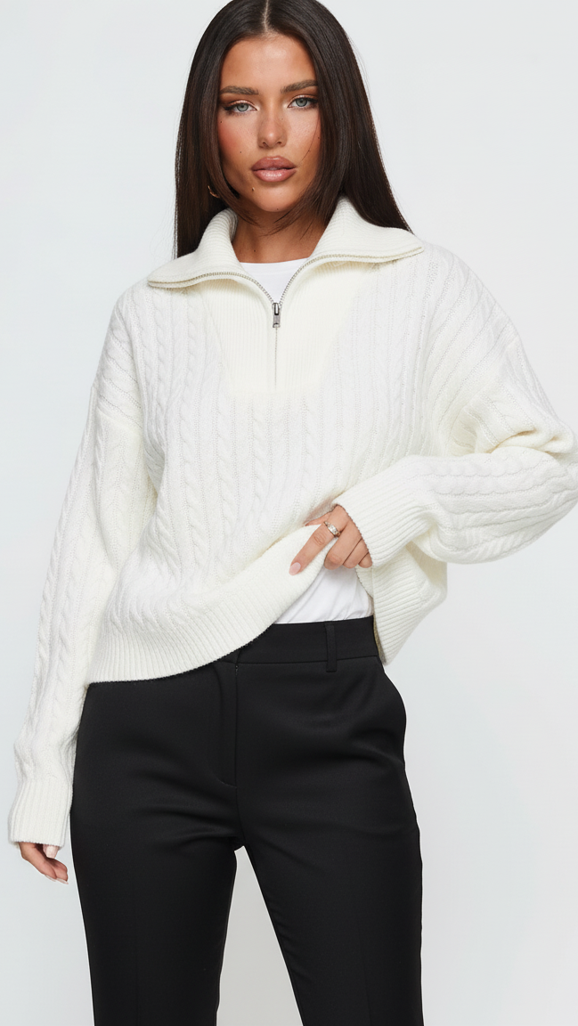 Zip Collar Cable-Knit Sweater