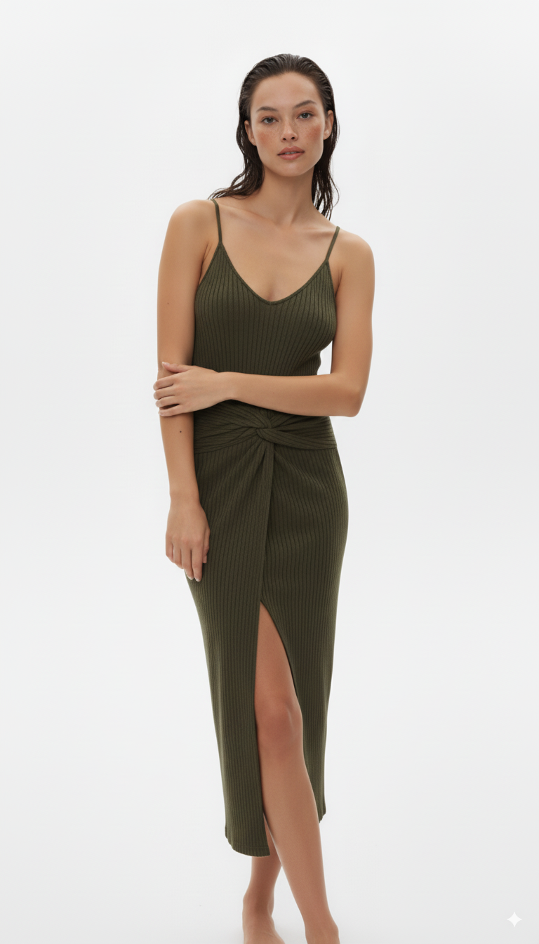 Ribbed Wrap Midi Dress with Side Slit