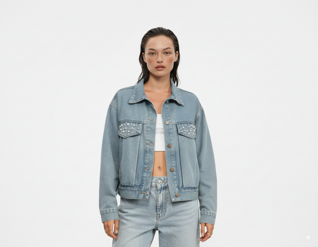 Rhinestone & Peal Trim Button Down Long Sleeve Denim Jacket