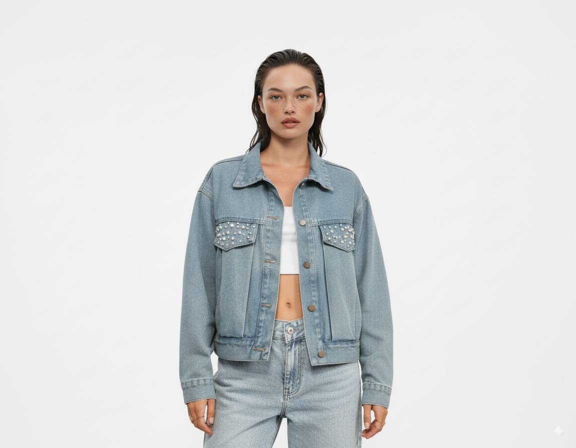 Rhinestone & Peal Trim Button Down Long Sleeve Denim Jacket