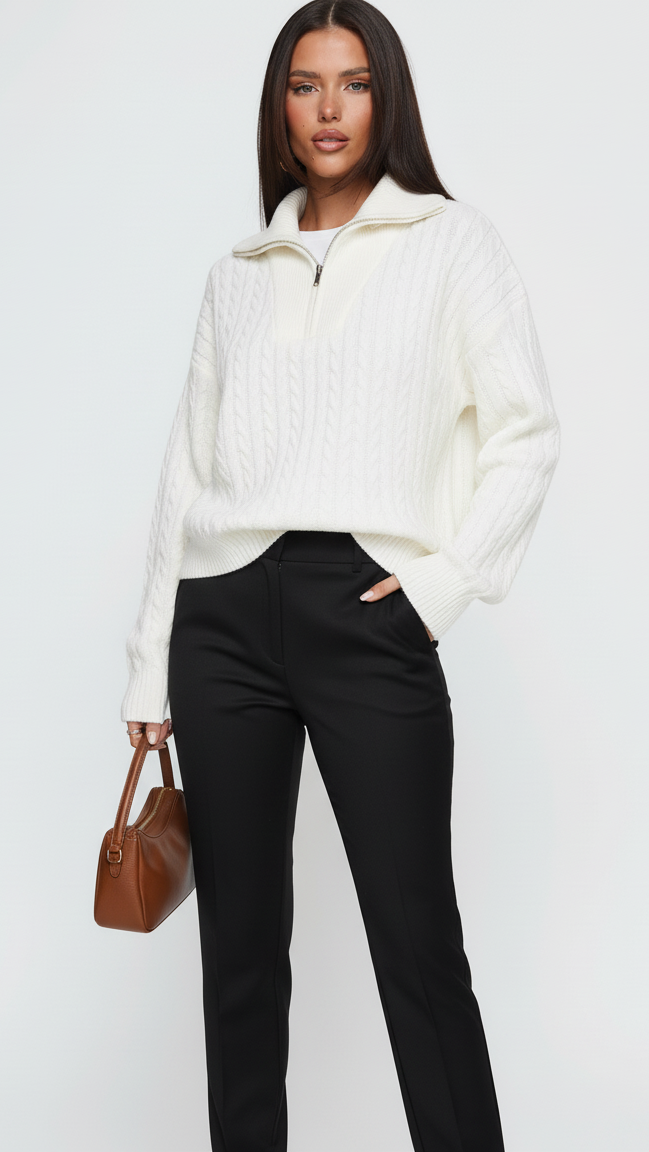 Zip Collar Cable-Knit Sweater