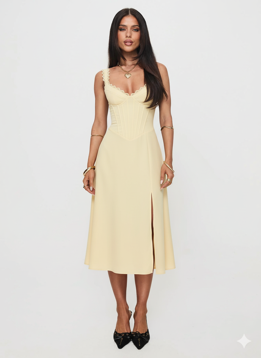 Scalloped V-Neck Midi Dress with Back Lace-Up