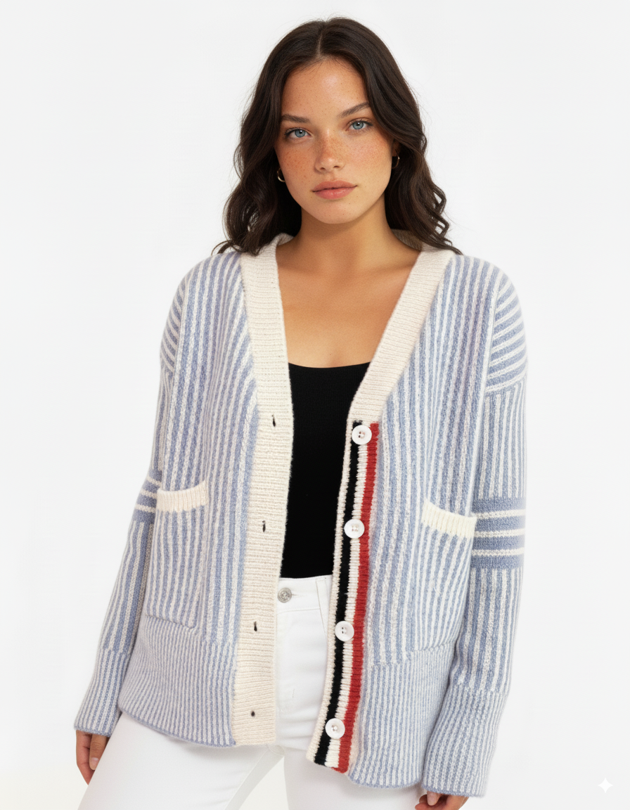 Striped Button-Front Cardigan with Contrast Trim