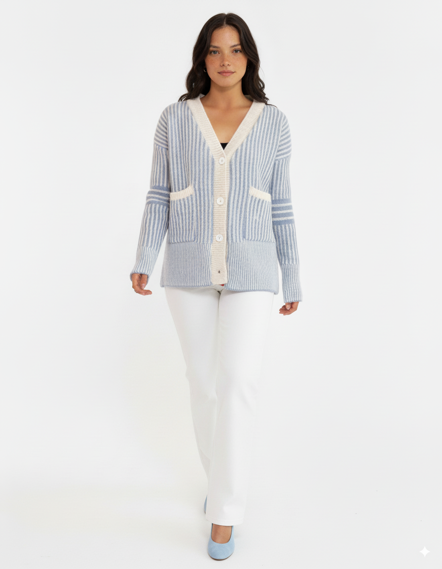 Striped Button-Front Cardigan with Contrast Trim