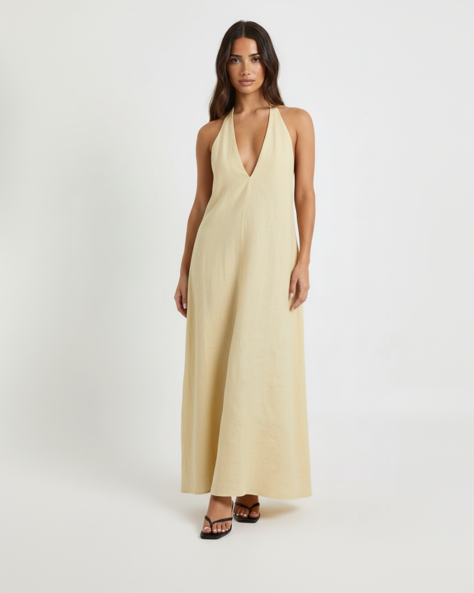 Halter V-Neck Linen Midi Dress