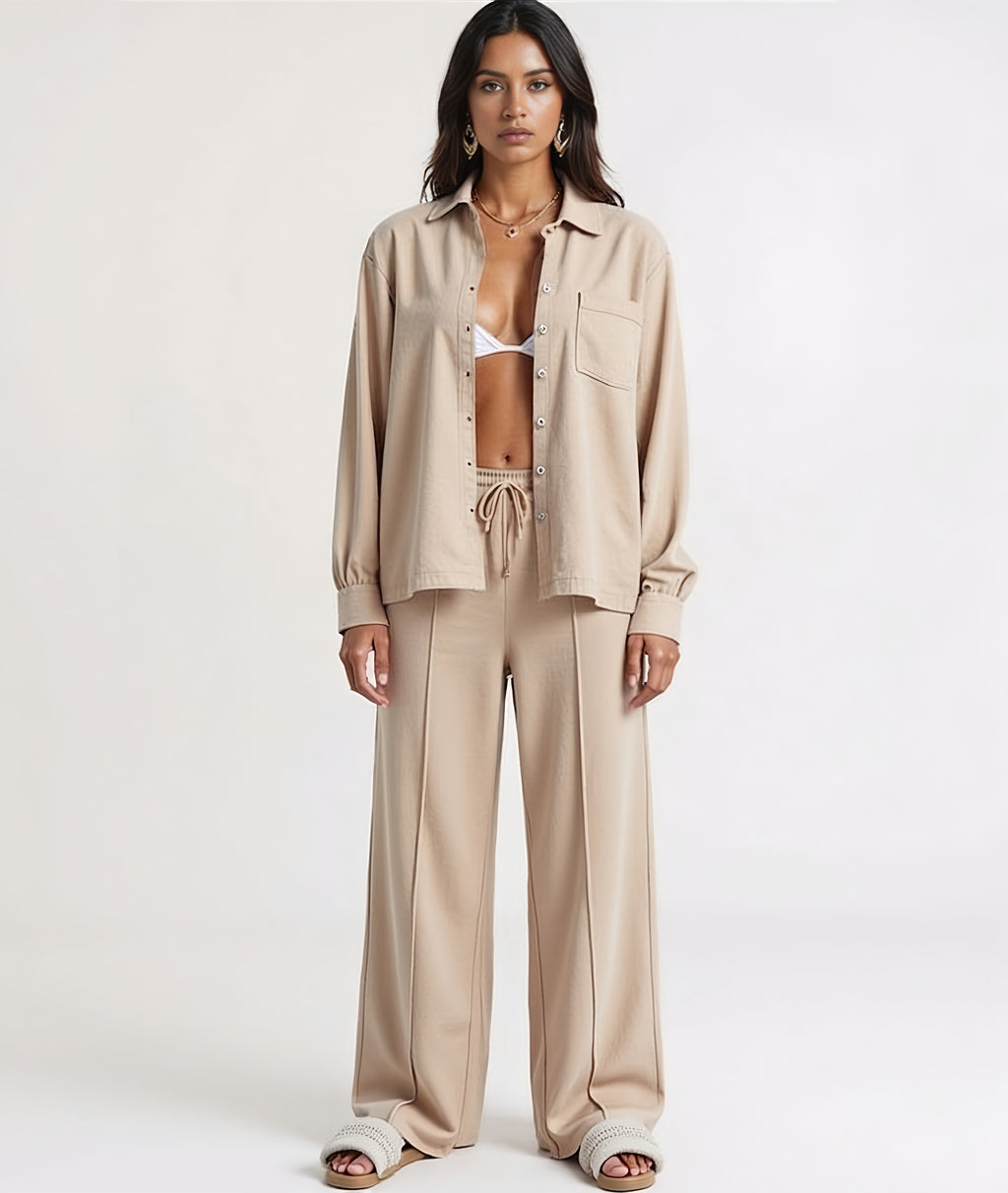 Devine Collared Neck Long Sleeve Top and Pants Set