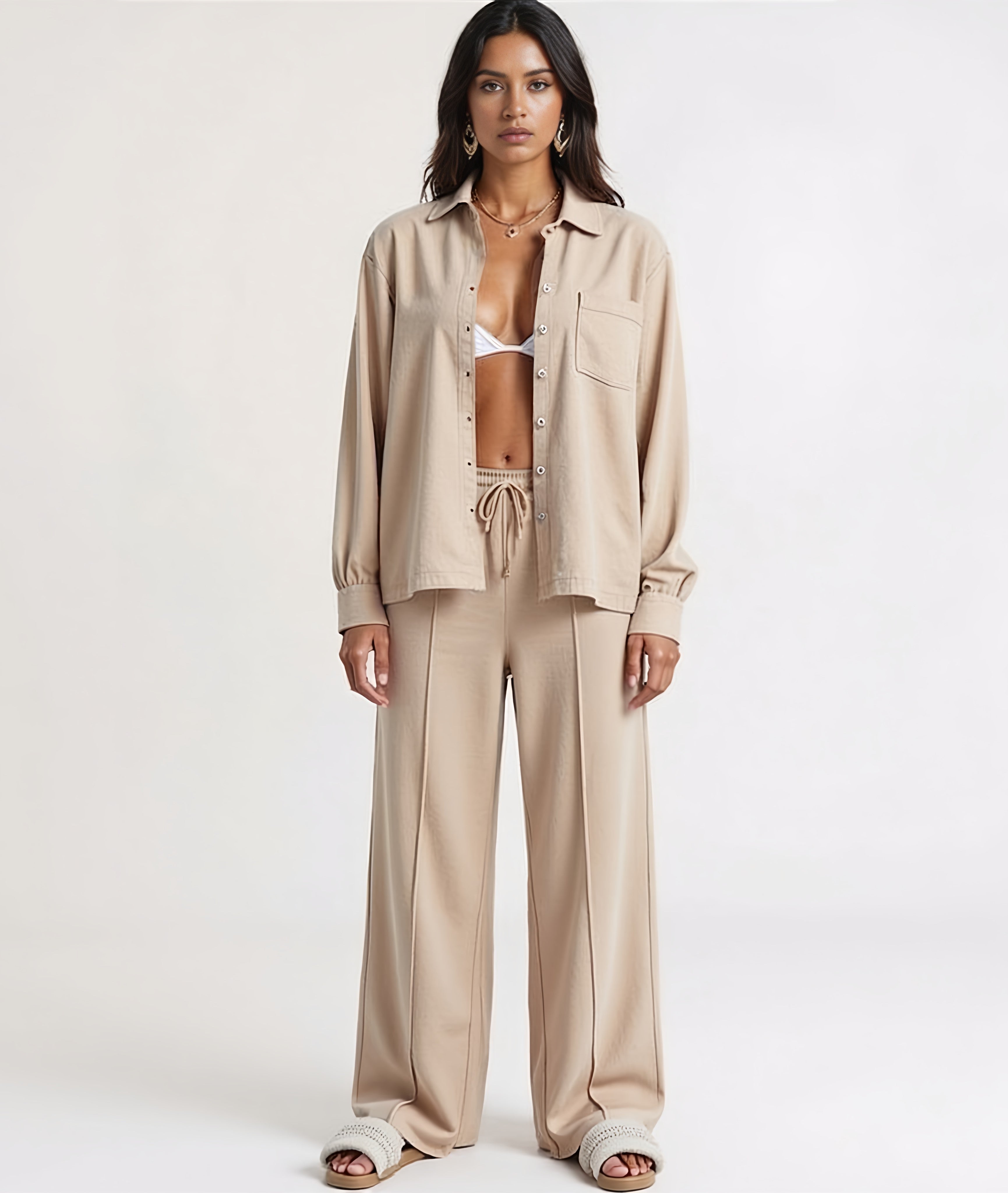 Devine Collared Neck Long Sleeve Top and Pants Set