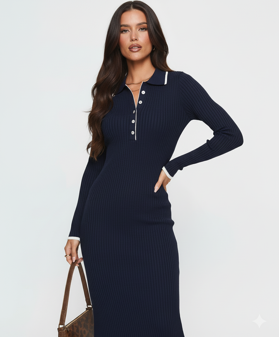 Quarter Button Long Sleeve Midi Dress