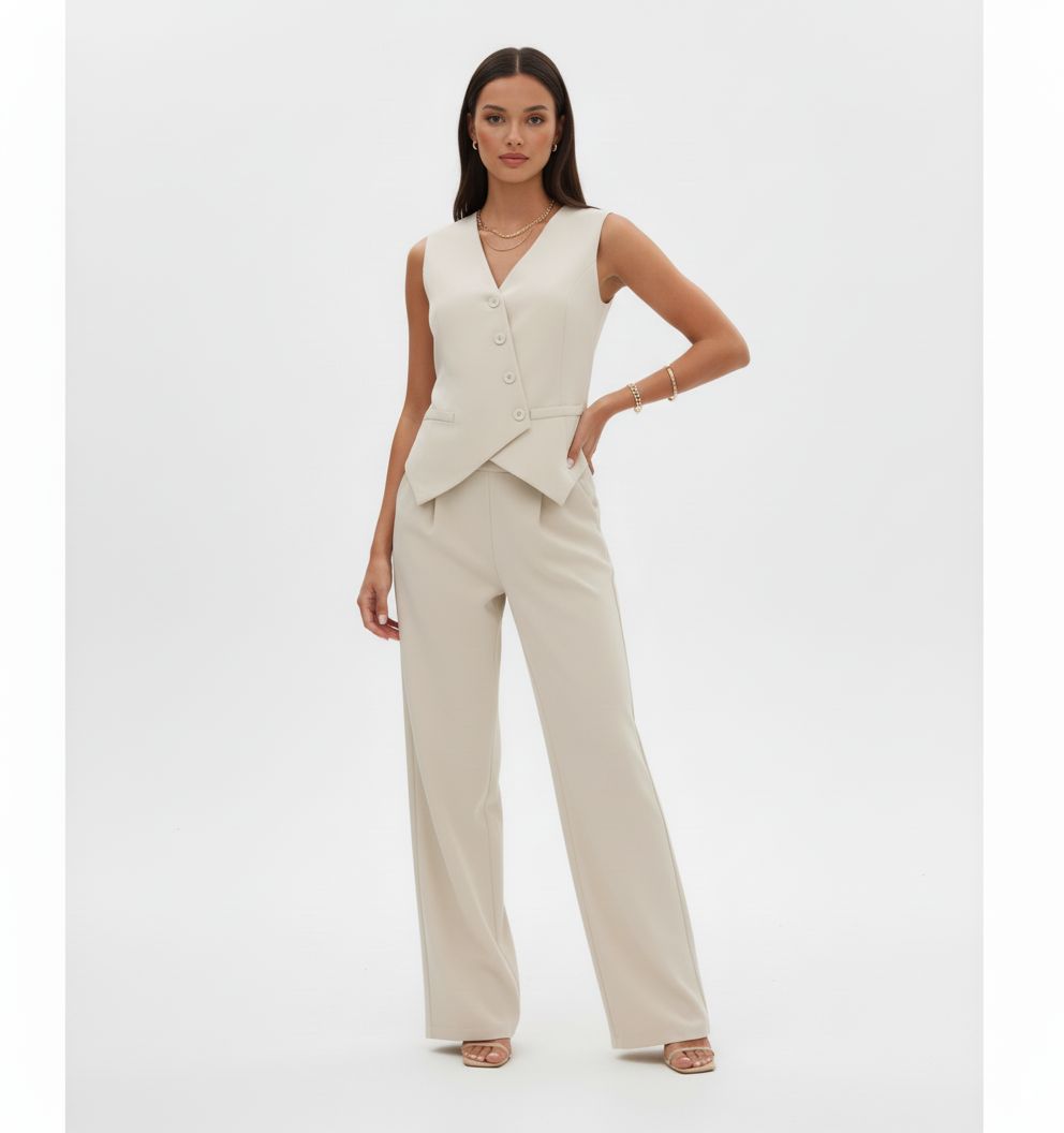Button Down V-Neck Vest and Pants Set